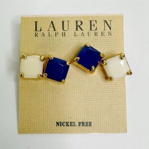 Lauren Ralph Lauren Blue White Square Stud Earring Set Gold Tone Coastal Chic